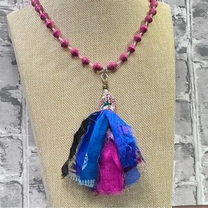 Pendant Silk Fiber Art Tassel Necklace Handmade with Pink Paper Beads 4370